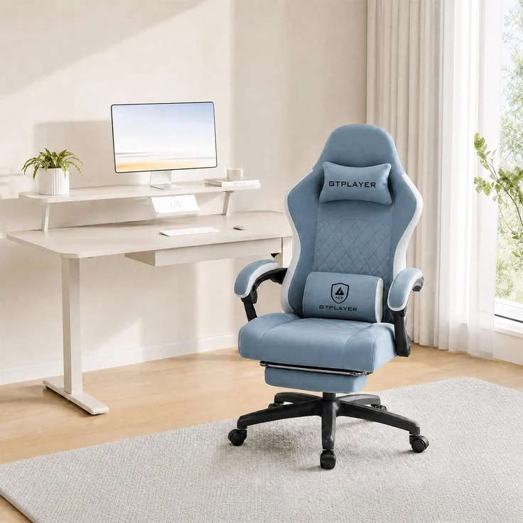 GTPLAYER Gaming Stuhl Ergonomischer Gaming Sessel Schreibtischstuhl mit Stoffoberfläche, Federsitzkissen, Verbindungsarmlehnen und Fußstütze hellblau – Bild 7