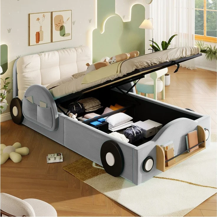 Flieks Autobett Polsterbett mit Hydraulik-Stauraum, 90x200cm mit Seitentaschen & Bücherablage & großem Kopfkissen – Bild 1