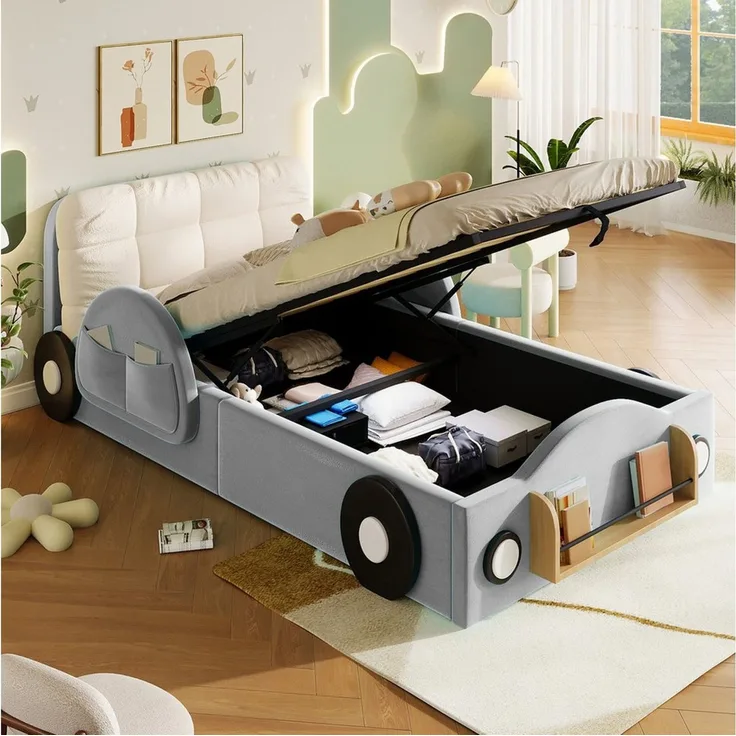 Flieks Autobett Polsterbett mit Hydraulik-Stauraum, 90x200cm mit Seitentaschen & Bücherablage & großem Kopfkissen