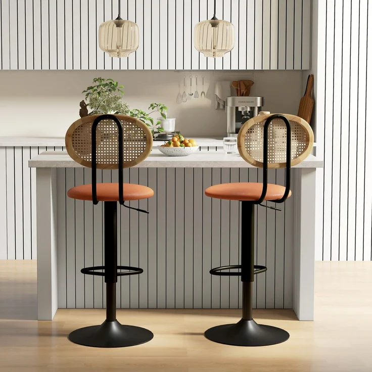 2er-Set Barhocker, höhenverstellbare Barstühle mit Rattan-Rückenlehne und Fußstütze, braun – Bild 9