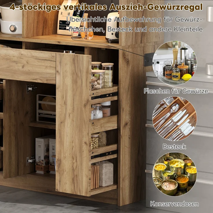 ZUBALIYA Küchenschrank 105x40x185 cm, mit LED-Beleuchtung, mit Steckdosen, mit verstellbaren Einlegeböden, aus MDF, Schwarz / Natur – Bild 5