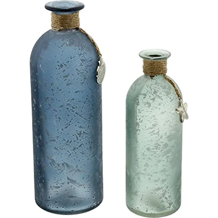 FRANK FLECHTWAREN Deko-Vase Maritim 2er Set, satiniertes Glas in Blau und Grün, Ø 7 x 20 cm und Ø 8 x 26 cm, handverziert mit Sisalschnur, Seestern und Muschel – Bild 3