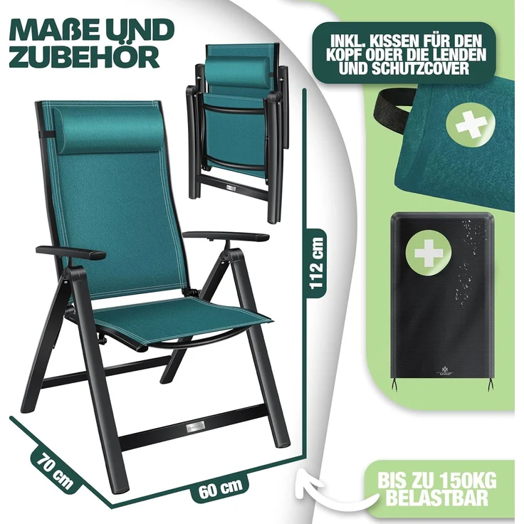 KESSER® Gartenstuhl Hochlehner mit Armlehnen | Aluminium Klappstuhl inkl. Kopfkissen Campingstuhl 7-Fach Verstellbar Rückenlehne | Atmungsaktiv & Wetterfest | Klappbar & Anti-Rutsch 1 Stück, Petrol Grün – Bild 2
