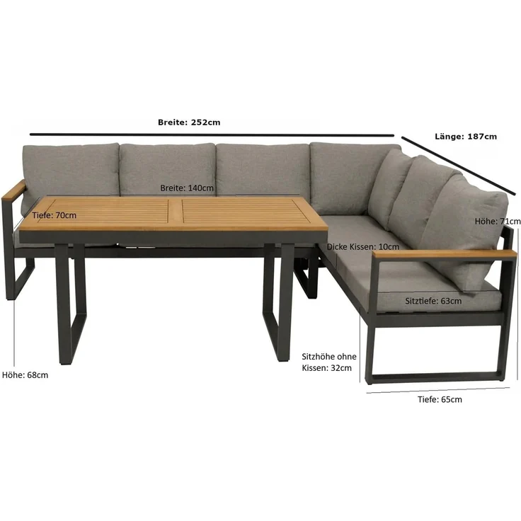 DEGAMO KAMPALA Funktiosn Eckbank- Set, Alu + Akazie, anthrazit/braun, 4-teilig 252x187cm – Bild 7