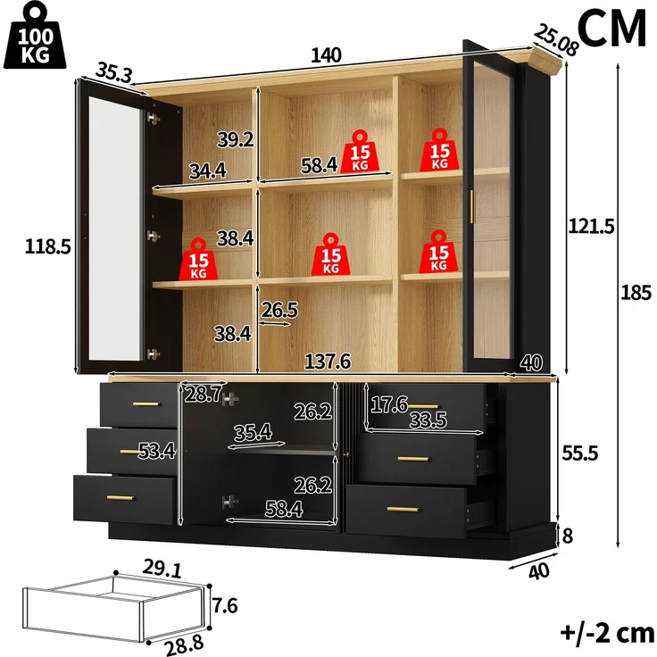 Küchenschrank 140 x 40 x 185 cm aus MDF, schwarz, mit Glastüren und 6 Schubladen – Bild 5