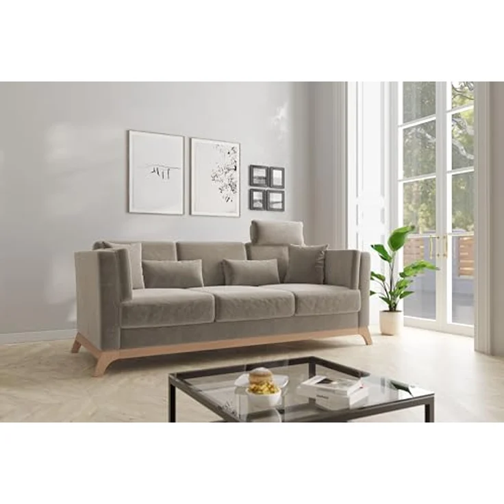 Cavadore 3er-Sofa Vida / 3-Sitzer Couch im trendigen Design mit massivem Holzrahmen in Buche, Kopfstütze mit Kuschelkissen / 213 x 84 x 93 / Mikrofaser, Perlbeige – Bild 2