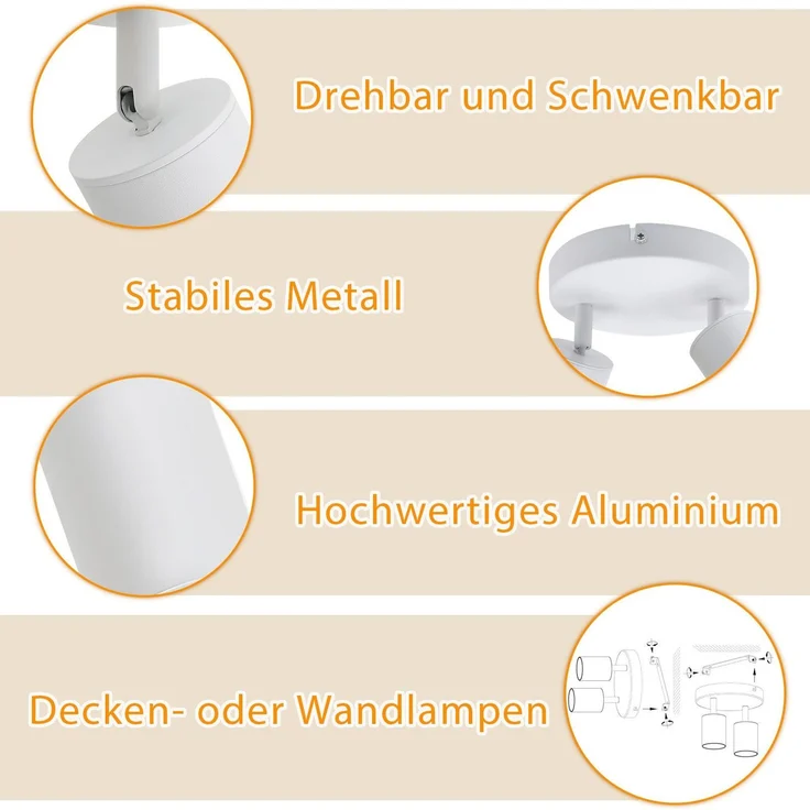 ZMH Deckenstrahler 2 Flammig Deckenleuchte Wohnzimmer: Modern Deckenlampe GU10 Strahler Rund Weiß Küchenlampe Flur Deckenspot Schwenkbar Innen Spot für Schlafzimmer Küche Ohne Leuchtmittel – Bild 5