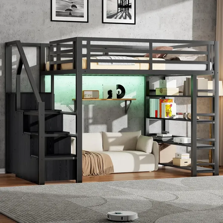 Hochbett mit Kleiderschrank, LED-Streifen, Rausfallschutz und Regal, 140x200cm, Treppe mit Schränken, und, Kinderbett, Metallbett – Bild 4