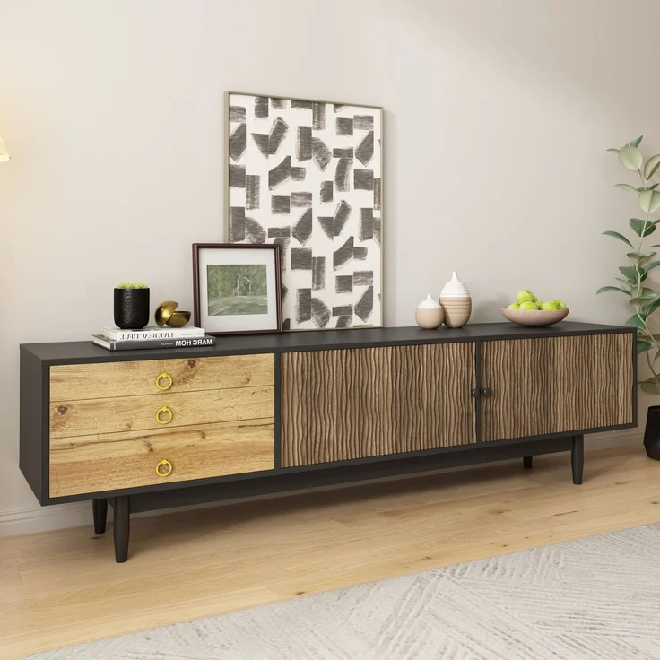 TV-Schrank 180 x 50 x 38 cm Schwarz Holz,Lowboard mit 2 Türen, 3 Schubladen, Wellenmuster, Massivholzbeinen – Bild 8