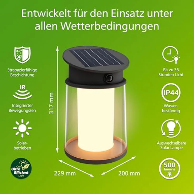 Philips Juda UltraEffiziente Solar-Wandleuchte, Austauschbare Solarlampe mit Bewegungssensor, 2700K warmweißes Licht, Schwarz – Bild 2