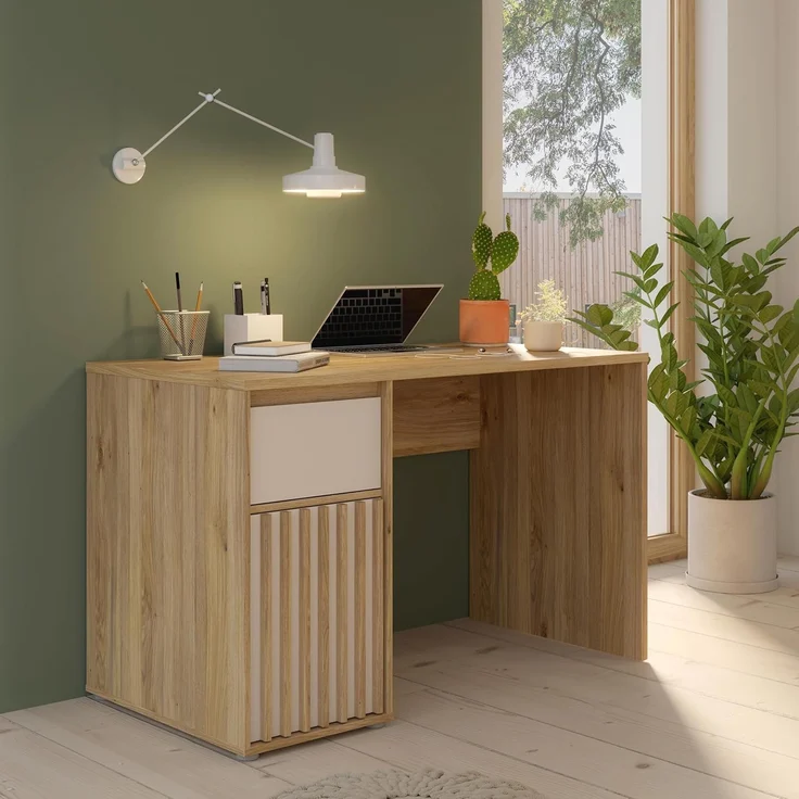 Forte ELISTON Schreibtisch 120, moderner Schreibtisch mit Lamellendesign, Schrank und Schublade, Schlafzimmer, Büro, Mauvella Eiche Holzdekor|Kashmir Beige, 120 cm breit x 74,4 cm hoch x 60 cm tief – Bild 1