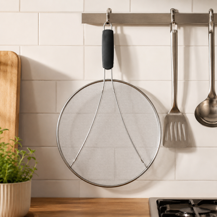 KADAX Pfannen Spritzschutz Ø 29 cm, Edelstahl Pfannenspritzschutz mit feinmaschigem Netz, Fettspritzschutz Deckel für Pfanne, Küchenhelfer gegen Ölspritze – Bild 5
