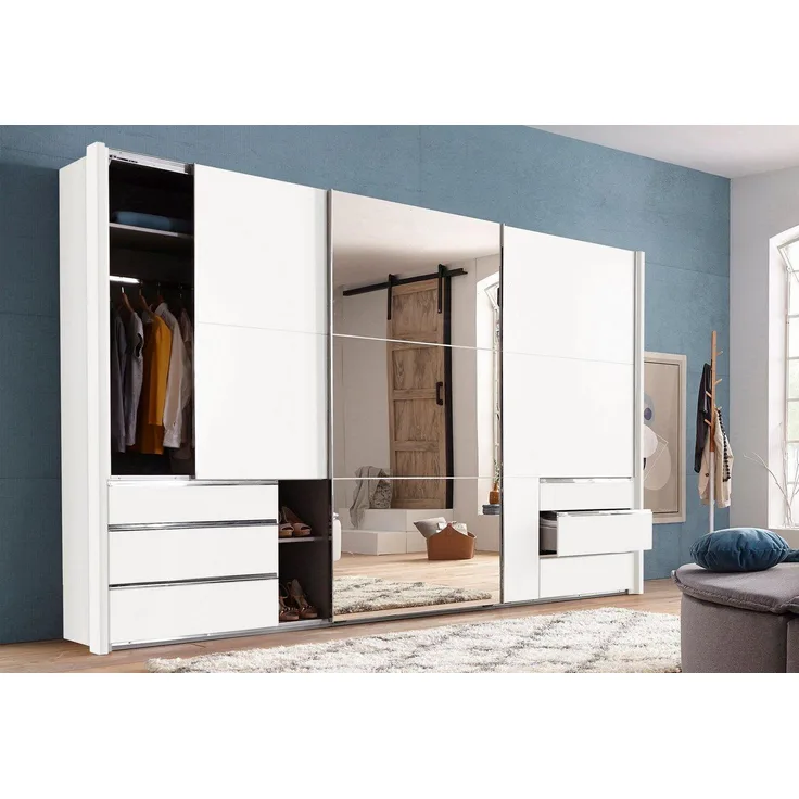 Schwebetürenschrank mit Spiegel, Spanplatte weiß, 300 x 236 x 65 cm
