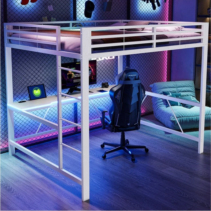 Merax Hochbett mit LED-Beleuchtung & USB-Ladestation (Jugendbett Einzelbett Mehrzweckbett, 1-St) Metallbett Kinderbett 160x200 cm mit Schreibtisch Leiter & Schutzgitter – Bild 2