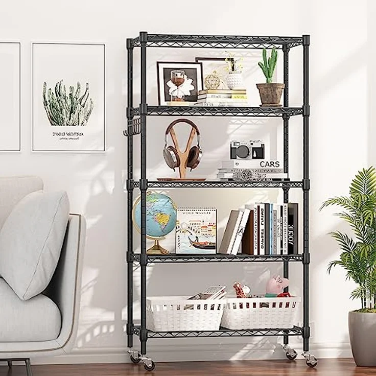 Himimi 5-Draht-Regal mit Rollen, Metall-Aufbewahrungsregal, höhenverstellbar, stehendes Aufbewahrungsregal für Waschküche, Badezimmer, Küche, Speisekammer, Schrank, 76 x 35 x 158 cm, Schwarz – Bild 3