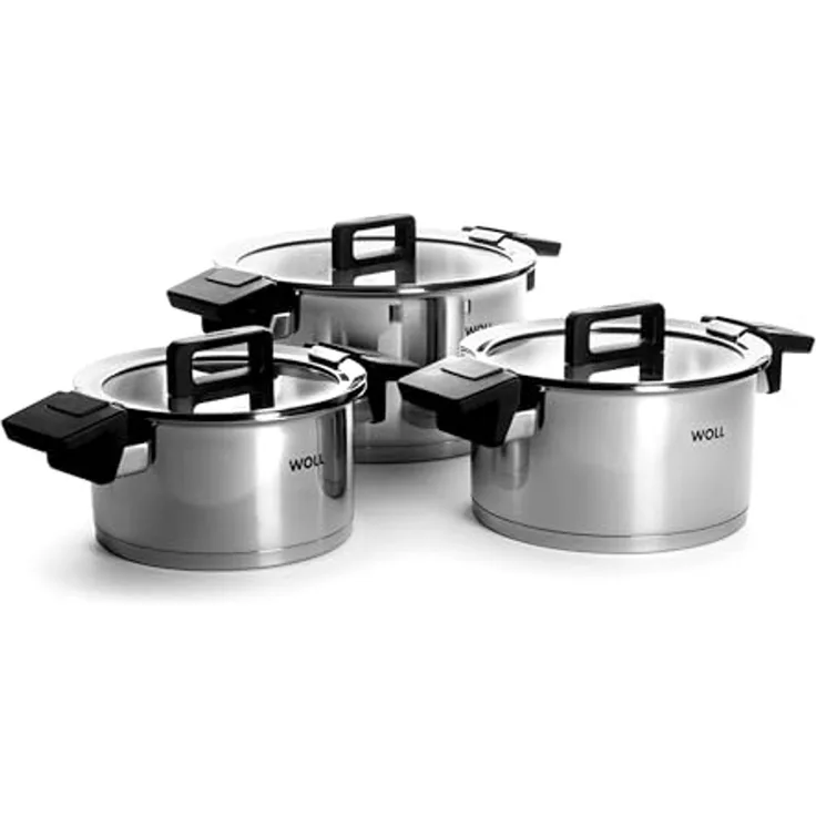 WOLL Kochtopf‑Set Concept 6‑tlg. Glasdeckel mit Abgießfunktion Töpfe Ø 18/20/24 cm Edelstahl mit Aluminium-Induktionsboden Alle Herdarten inkl. Induktion Backofenfest bis 200 °C Spülmaschinenfest