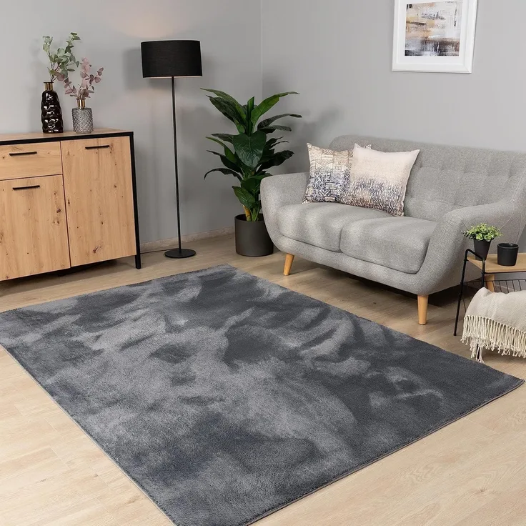 Paco Home Teppich Wohnzimmer Schlafzimmer Kurzflor Waschbar Einfarbiges Muster Flauschig Weich rutschfest Moderne Deko, Grösse:200 cm Rund, Farbe:Anthrazit