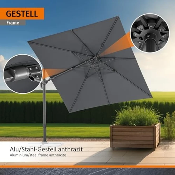 Schneider Schirme Ampelschirm, Rhodos Twist 2024, Anthrazit / Schwarz, 3x3 m – Bild 4