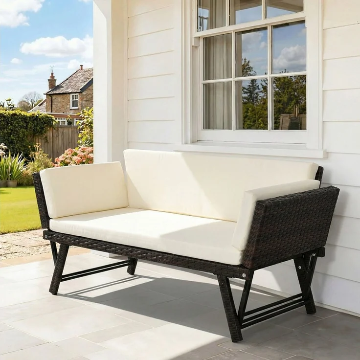 Outsunny Gartensofa Polyrattan 2 Sitzer klappbar mit Armlehnen Stahl 129x63x67cm, Gartenmöbel 1 Teile, für Garten, Balkon, Braun – Bild 1
