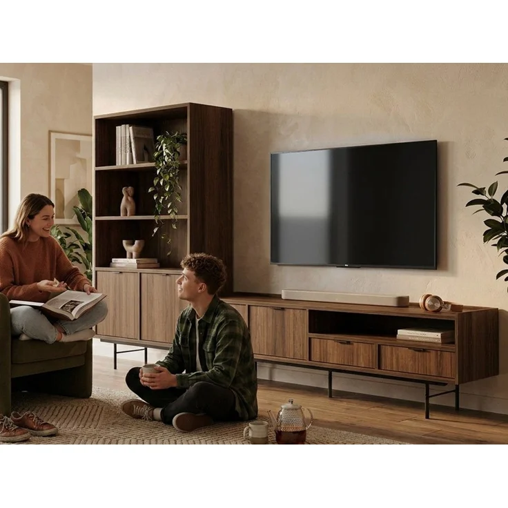Beautysofa Wohnzimmer-Set Evron 2-teilig Bücherregal 90 cm + TV-Board 200 cm, (Lowboard mit Metallbeinen 20 cm, Schubladen, Türen und offenen Fächern), modernes Wohnzimmermöbel-Set in Warmia Walnuss oder Hikory Natur – Bild 3