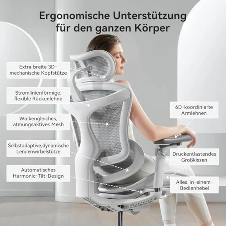 SIHOO Doro C300 Pro Ergonomischer Bürostuhl mit ultraweichen 6D-Armlehnen, dynamischer Lendenwirbelstütze, Sitztiefenverstellung und verstellbarer Rückenlehne, Schreibtischstuhl für Home Office (Weiß) – Bild 5