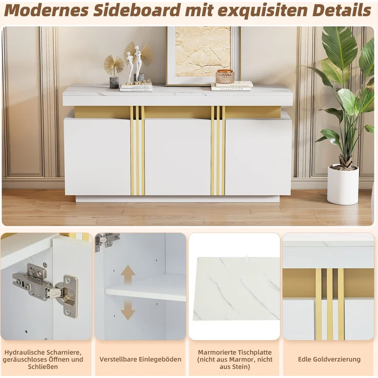 Merax weißes Sideboard, mit 3 Türen, Esszimmerschrank mit verstellbaren Trennwänden, Platin-Nähte – Bild 5