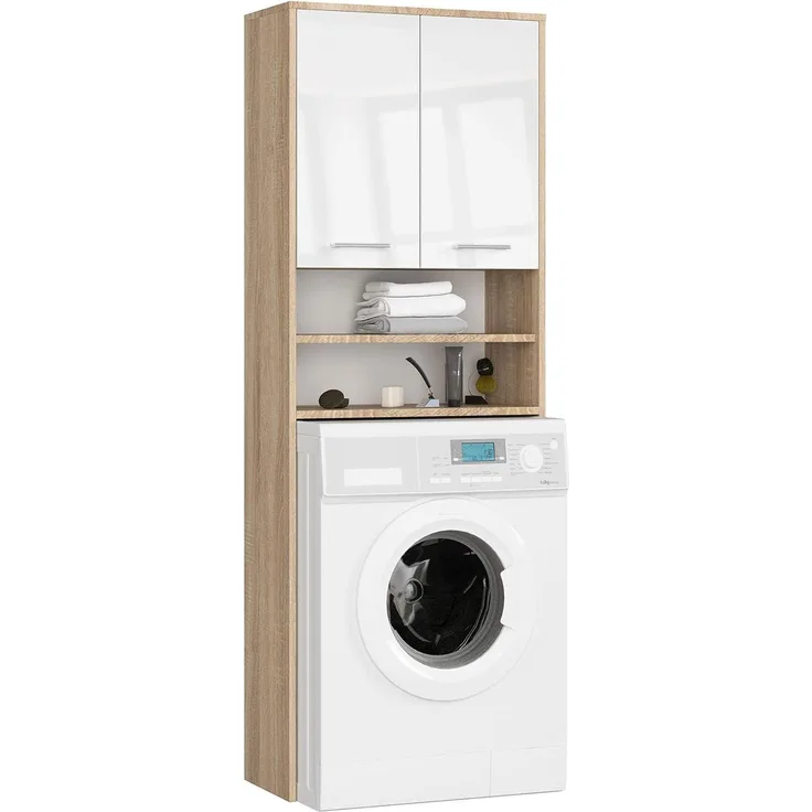 AKORD Waschmaschinenschränke | B64 x H180 x T30 cm | Umbauschrank mit Ablagefach 2 Türen | 2 offene Ablagefächer | Trockner Schrank Waschmaschienenüberschrank Gewicht 30 kg Eiche Sonoma|Weiß glänzend