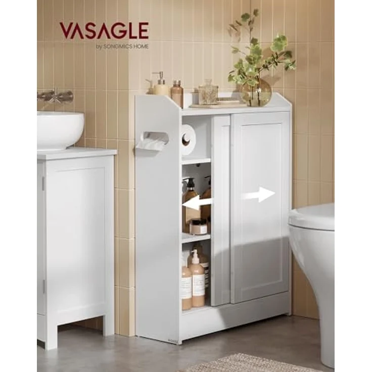 Vasagle Badezimmerschrank, Badschrank platzsparend, Toilettenrollenhalter, Toilettenbürstenhalter, Schiebetüren, verstellbare Einlegeböden, neben der Toilette, 20 x 60 x 80 cm, wolkenweiß BBC752W01 – Bild 2