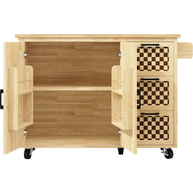 Merax Kücheninsel, Schrank, Buffetschrank, ausziehbarer Küchenwagen mit Rollen, mit Handtuchhalter, Türfachregal, zwei Türen, drei Schubladen, Schachbrettmuster, Holzmaserung – Bild 8