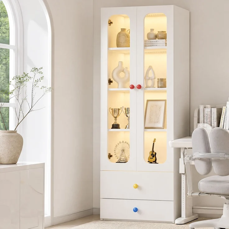Vitrine 60x35x170 cm in Weiß mit Glastüren, LED-App-Steuerung und 2 Schubladen – Bild 5