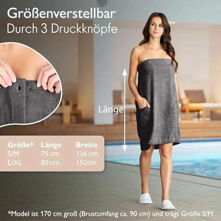 Liebenstein Saunakilt Damen, samtweicher Kilt aus 100% Baumwolle mit Gummizug, anthrazit, 360 g/m², mit Druckknöpfen und seitlicher Tasche – Bild 3