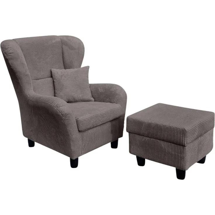 Ohrensessel mit Hocker Landhausstil Polster-TV-Lesesessel mit Cordstoff in Grau – Bild 1