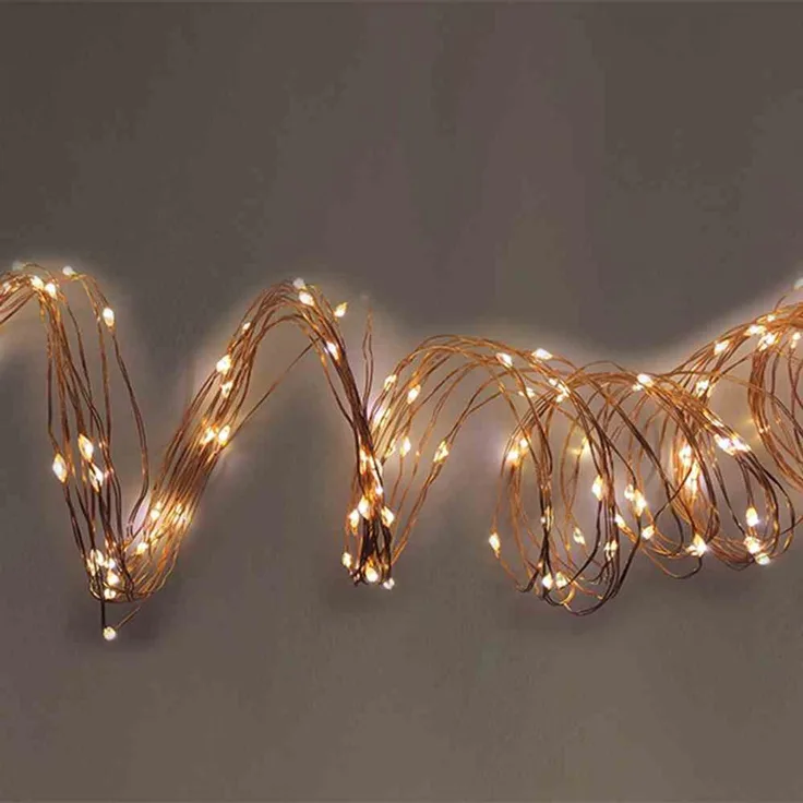 LED-Kupferdrahtkette mit Timer 100er warmweiß innen, für 3 x AA
