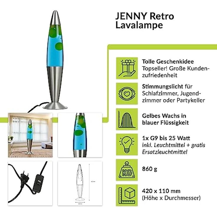 Licht-Erlebnisse Lavalampe JENNY, Warmweiß, Tischlampe Blau Gelb Retro inklusive Leuchtmittel 42 cm Tischleuchte – Bild 8