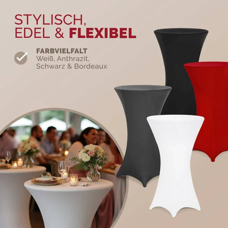 DETEX® Stehtischhusse 5er Set Weiß 60-65cm Verstärkter Fußbereich 30°C Waschbar Stehtisch Hussen Stretch Tisch Überzug – Bild 6