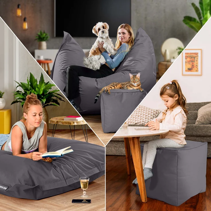 Green Bean® 2er Set XXL Sitzsack inkl. Pouf mit EPS-Perlen - Riesensitzsack 140x180 Liege-Kissen Bean-Bag - Anthrazit – Bild 3