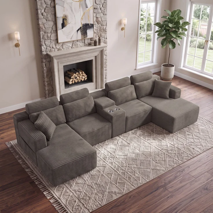 ZUBALIYA Boneless Compression Sofa, U-förmiges modulares Sofa mit integrierten Becherhaltern, Khaki, 372 x 151 x 80 cm – Bild 3
