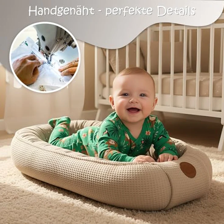 Babynest Neugeborene Nestchen Baby - 90x50 cm Kokon Handmade zweiseitig aus Waffel Piqué Baumwolle Schlummer Teddybären B – Bild 6