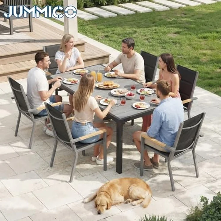 JUMMICO Gartenmöbel Set Terrassen Set Aluminium Gestell mit Holzoptik PS Tischplatte Komfortabler Hochlehner Einfach Montiert,6 Personen Set – Bild 7