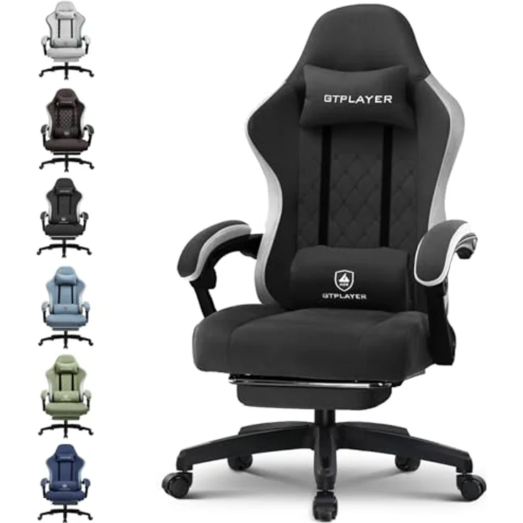 GTPLAYER Gaming Stuhl Ergonomischer Gaming Sessel Schreibtischstuhl mit Stoffoberfläche, Federsitzkissen, Verbindungsarmlehnen und Fußstütze schwarz – Bild 2