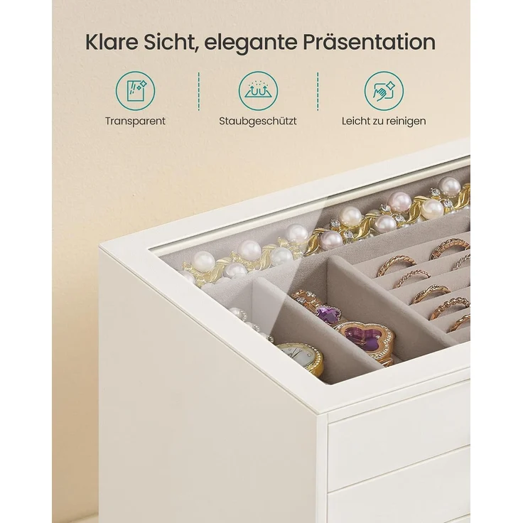 SONGMICS Schmuckkästchen mit 7 Ebenen und Glasdeckel, Schmuck-Organizer mit Schubladen, 24 x 17,2 x 24 cm, Weiß – Bild 3