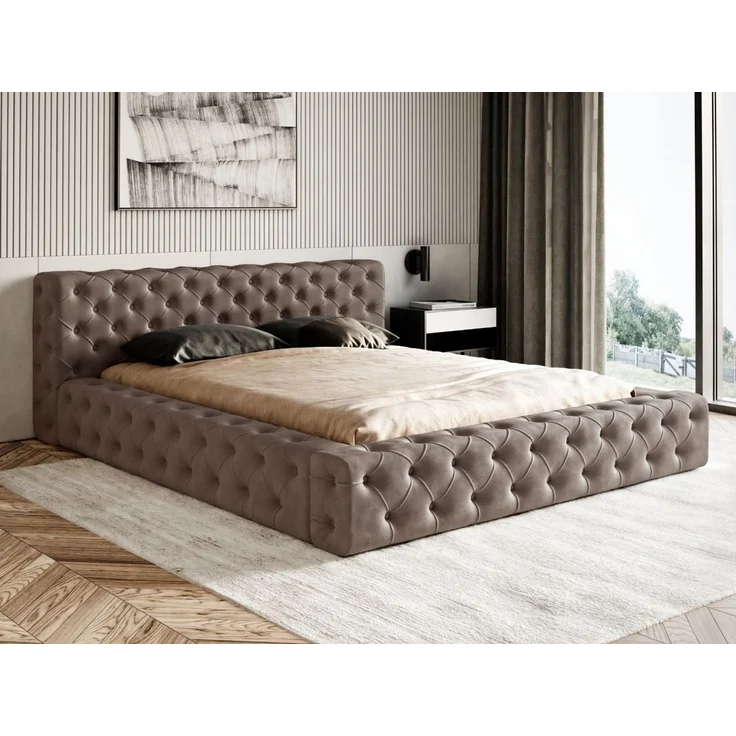 GRAINGOLD Palini Polsterbett 160x200, mit gepolstertes Kopfteil, gestepptes Bett, Bettkasten, Velour-Stoff, Braun – Bild 3