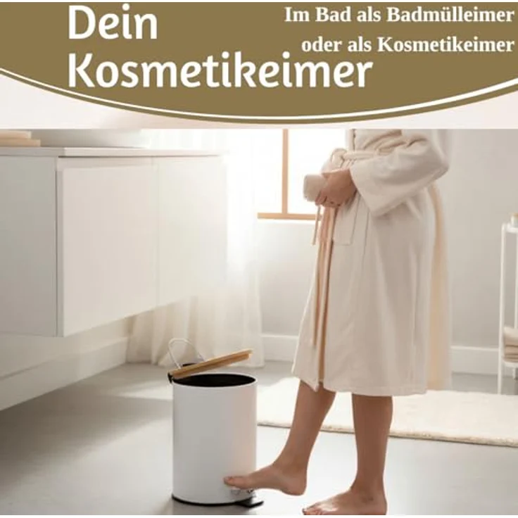 LS-LebenStil Kosmetikeimer Tretmülleimer 3L, Weiß Matt, Soft Close mit Bambus Deckel, Rund mit herausnehmbarem Inneneimer für Bad und Küche – Bild 6