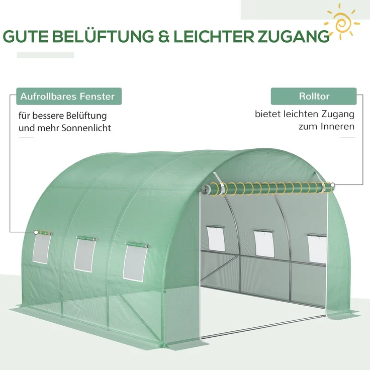 Wohnora-Ersatzplane für Garten-Gewächshaus-Tunnel 9 m², Plane Abmessungen 3L x 3B x 2H m PE Anti-UV wasserdicht 6 Fenster + rollbare Reißverschlusstür Grün,H 200cm x T 300cm x B 300cm – Bild 2