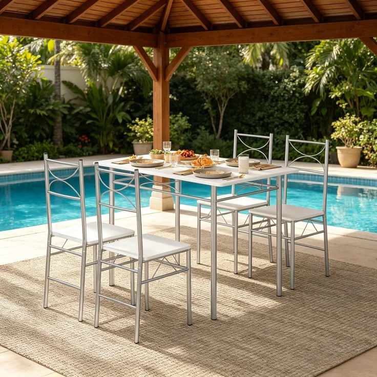 Modern Design Esszimmer Tisch und Essstühle,Fashionable Essmöbel Set,Balkon Essmöbel Set,Bistro Essmöbel Set(nur mit Esstisch und die Essstühle)--Silber + Weiß--70x110x76cm--YOUDENOVA – Bild 3
