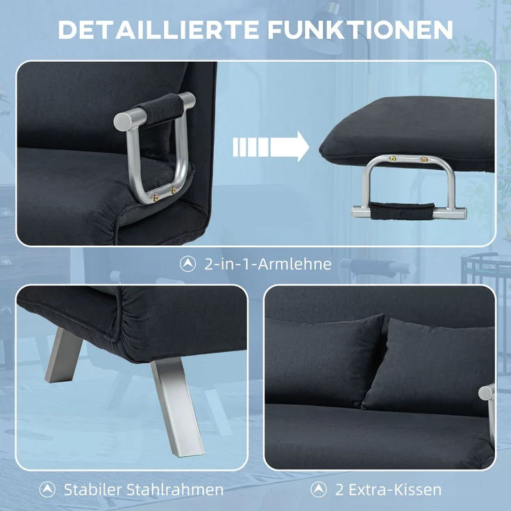 Schlafsofa, 5-fach verstellbar, Wildlederimitat, Stahlrahmen, inkl. Kissen, Schwarz--Schwarz--111x80x78cm--YOUDENOVA – Bild 7