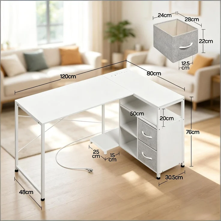 Ecke Schreibtisch,Bürotisch mit Stromanschluss,Umkehrbares Rechteck Design Bürotisch(nur mit Schreibtisch)--Weiß--80x120x76cm--YOUDENOVA – Bild 7