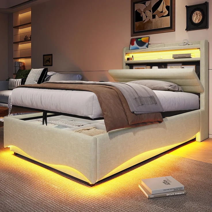 EINHOM Polsterbett, 90x200 cm, ohne Matratze, mit LED-Beleuchtung, mit Hydraulikmechanismus, mit USB- und Typ-C-Anschlüssen, Ablagefach, Ablagen für Gegenstände, Leinenstoff, Beige (Ohne Matratze) – Bild 1