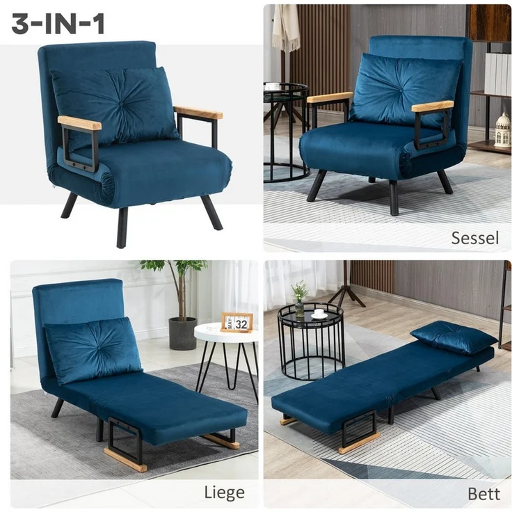 HOMCOM Schlafsessel 4 in 1 Sessel mit Schlaffunktion, 183x63 cm Klappbar Schlafsessel mit 5-stufig Verstellbarer Rückenlehne, Lendenkissen und Samtoptik für Wohnzimmer, Blau – Bild 3