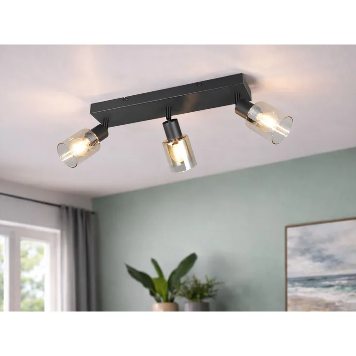 3-flammiger LED Deckenstrahler mit Glasschirmen Amberfarbig, Breite 42cm